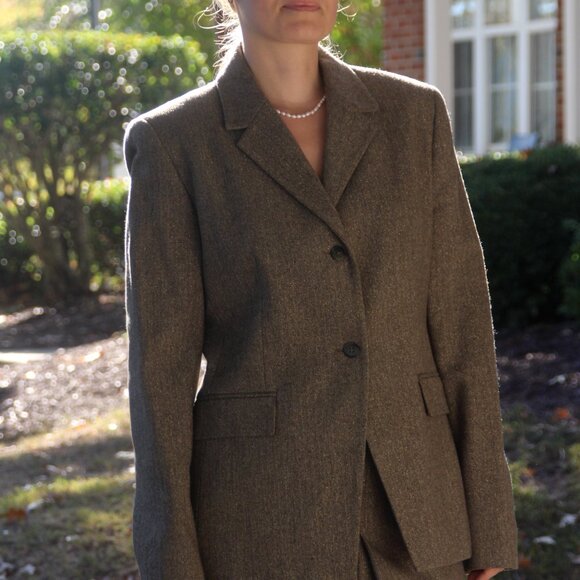 JONES NEW YORK 2PC Brown Wool‎ Blend Notch Collar Skirt Suit Size 6 - Picture 2 of 16